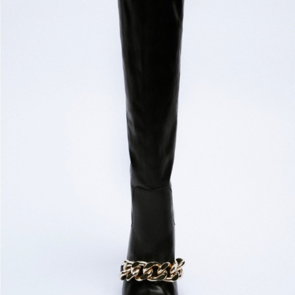 Zara Heeled Leather Knee High Boots With Chain Detail - Picture 4 of 16